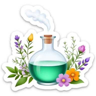 Perfume making icon, delicate glass bottle being filled with colorful essential oils from droppers, swirling mist rising from the bottle, flowers and herbs nearby, minimalistic style, clean lines, transparent background. sticker