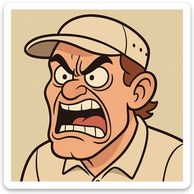 mad golfer's face, expressive, exaggerated anger, golf cap, cartoon style, bold lines sticker
