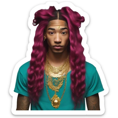 Vintage patina intricate swirls gold jewellery baroque golden sparkle tropical Deep pink maroon burgundy cyan dark hoodie man vitiligo dyed hair gold piercings nose piercing ear piercings sticker