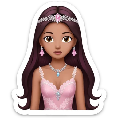 enchantress goddess wearing a embellished shimmering light powder white lace and swarovski pink gown with tanned skin and super long straight dark brown hair sticker
