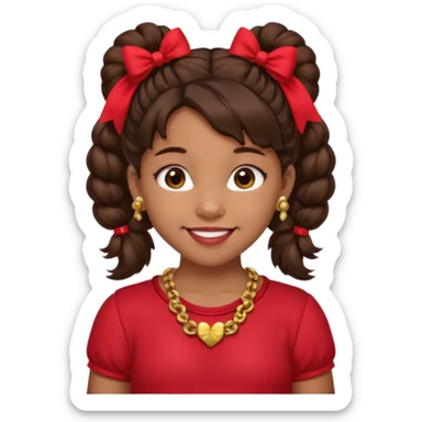 Brownskin girl dark brown hair fluffy. pigtails with red bows brown eyes smiling closed mouth red shirt gold esrrings gold necklace sticker
