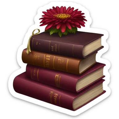 A maroon book stack adorned with ruby-red chrysanthemums and a candle sticker