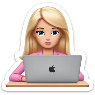 a tired barbie works in front of a macbook sticker
