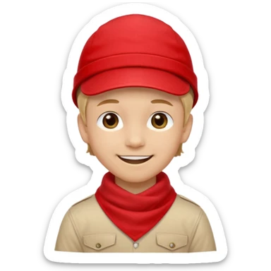 A Soviet pioneer emoji — smiling young boy wearing a bright red tie (pioneer neckerchief) and a red pilotka cap. White shirt, neat and cheerful, minimal flat emoji style, simple colors, clear outlines, professional emoji design. sticker