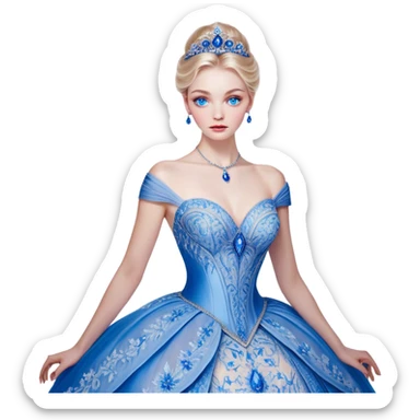 Cinematic Realistic Cinderella Portrait, depicted with lifelike skin texture, subtle rosy undertones, and soft natural lighting that enhances the gentle contours of her face. Her intricately detailed golden blonde hair is elegantly styled in an updo, with delicate wisps framing her face for added realism. Her deep, expressive blue eyes radiate warmth and sincerity, reflecting a quiet resilience and grace. She is dressed in her iconic ball gown, the fabric shimmering with intricate embroidery and fine translucent layers that catch the light beautifully. The soft sheen of satin gloves and the delicate sparkle of a glass-like slipper peeking from beneath her dress add a touch of magical realism. The portrait features an enchanting glow with a natural, luminous finish, seamlessly blending realism and fairytale charm to evoke a sense of depth, elegance, and timeless beauty. sticker