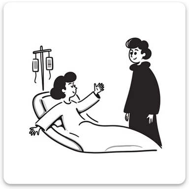 a person in a hospital gown sitting in bed reaching out to a visitor, hospital room visible with subtle medical details sticker