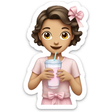 Happy brunette girl with light pink bows and clothes holding a drink sticker