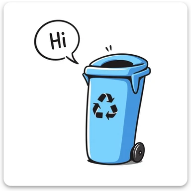 hand-drawn blue bin with a smile, speech bubble with 'hi' sticker