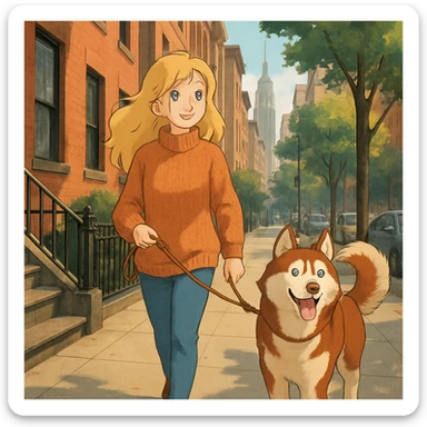 Cute Blonde woman wearing a sweater walking a happy red-brown blue-eyed Siberian husky in New York City on an upper east side city sidewalk  sticker