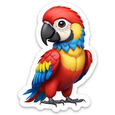 cinematic-macaw-realistic-full-body-standing-emoji,-vibrant-feathers-glowing-with-rich-reds,-blues,-and-yellows,-head-tilted-dramatically,-curved-black-beak-gleaming,-piercing-dark-eyes-exuding-confidence,-simplified-yet-realistic-focused sticker