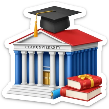 classic academic university building, books, graduation cap, bright colors sticker