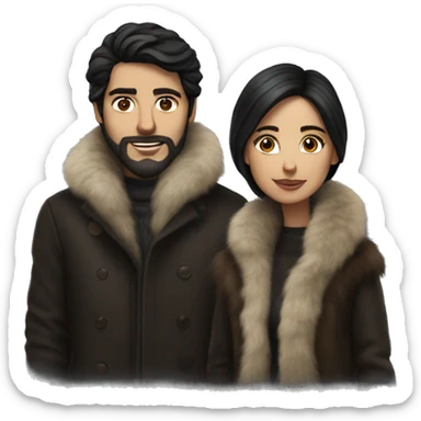 Realistic Dark haired couple in long fur coats sticker