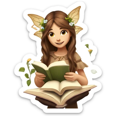 Female, fairy, wings, pointed elf ears, long brown hair, reading, stack of books, vines, flowers sticker