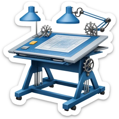 An icon featuring an engineering drafting table with a blueprint, a ready machine, and microchips, symbolizing engineering. The design includes gears, tools, and circuit boards, representing the design, creation, and innovation in technology. Transparent background highlights the science of building sticker