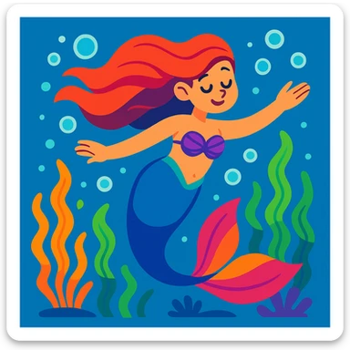 A vibrant and magical mermaid swimming underwater, surrounded by bubbles and seaweed sticker