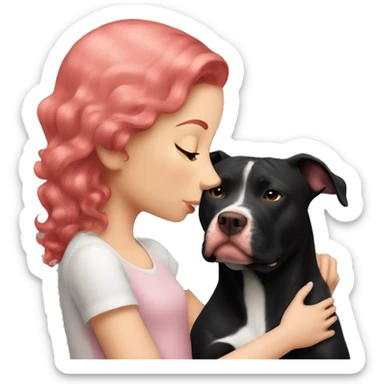 Girl with red hair kissing big black pitbull dog, pink hearts sticker