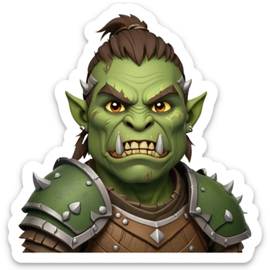 Cinematic Realistic WoW Orc Warrior Portrait, head tilted dramatically with an exaggeratedly amused expression, blending raw, primal might with a touch of unexpected humor. His battle-scarred green skin, robust muscles, and intricately detailed tribal armor in deep, earthy tones are rendered with lifelike texture and dynamic lighting, high shine, dramatic yet whimsical, capturing an orc warrior whose epic strength is matched by a playful, irreverent charm. sticker