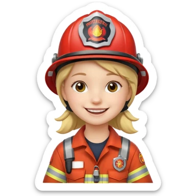 Young girl, firefighter helmet, smiling brightly sticker