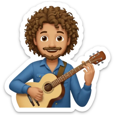 Generate a dude with curly hair and a shitty goatee who is high on marijuana playing the guitar and twisting a strand of his hair sticker