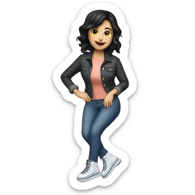 One Caucasian woman with black hair wearing jeans on roller skates cooking pancakes sticker
