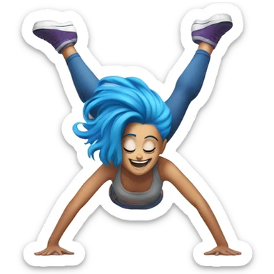 Girl doing a head stand with blue hair,and a crazy style smiling sticker