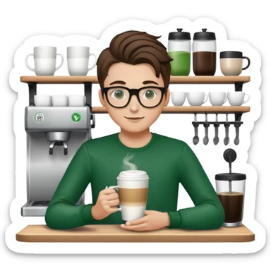 white barista boy with green spring black long sleeve, glasses and brown long ponytail   sticker