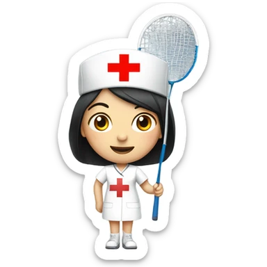 short black straight hair female nurse with red cross sign hat playing badminton sticker