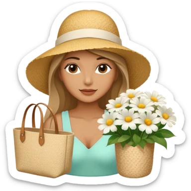 summer beautiful wicker hat next to it lies a beach beige bag and a bouquet of white flowers sticker