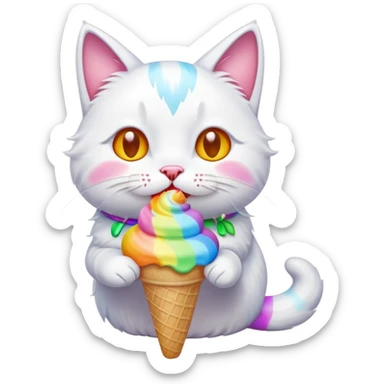 A cute white cat licking a colorful. Ice cream  sticker