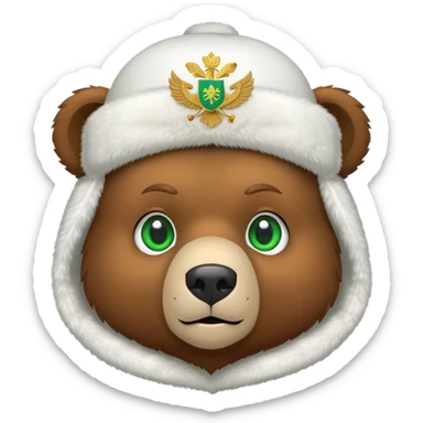 Minimalist cute brown bear head with green eyes, wearing white ushanka hat with simplified Russian double-headed eagle coat of arms, iOS emoji style sticker