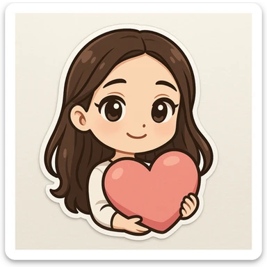 3D bitmoji chibi sticker of the girl from the reference, expressive face and eyes, long brown hair, holding a big pink heart, kind and loving expression. sticker
