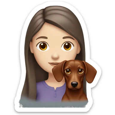 White girl with straight brown hair and blue eyes holding a red dachshund  sticker
