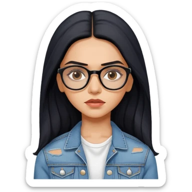 generate a pretty bratz emoji 
Make her wear a white dress with a denim jacket over it.long  black hair side part 

She should look exactly  like Deepika padukone! wearing tiny rectangular spectacle, looking sad sticker