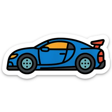 Bugatti car, side view, black outlines, blue body, sporty details, color icon style sticker