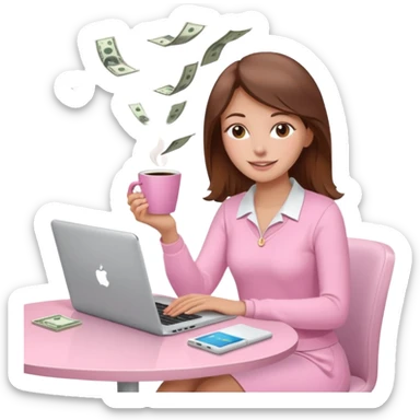  woman character with laptop and coffee relax table, dollars are floating, colorful pastel pink outfit, white laptop, brownn hair, fair skin,  sticker