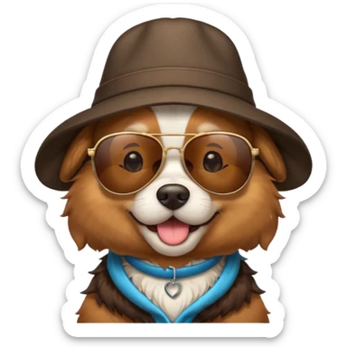 dog wearing sunglasses and a hat sticker