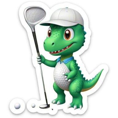 A cute cartoon dinosaur wearing a golf cap, holding a golf club, and smiling while standing on a green golf course with a small golf ball nearby. Bright, cheerful colors, simple and fun design. sticker