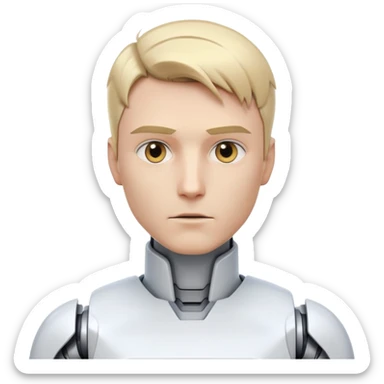 Male robot with short blond hair, sharp jawline, intense eyes, white tech clothing, neutral expression, futuristic assistant sticker