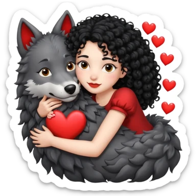 Black curly hair white skin girl hugging one big wolf with hearts above them sticker