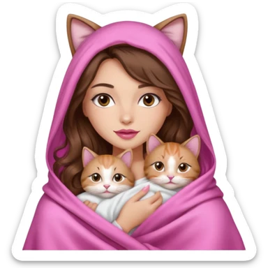 girl with long wavy brown hair, brown eyes, long lashes makeup, sexy pink lips, light to medium complexion, wearing a pink sexy silk top, big blanket over the head cozy holding a cat, no cat ears on the hood sticker
