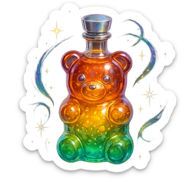 prabangus eliksyro buteliukas, guminuko meškiuko forma, ryški permatoma spalva, sidabrinės ir holografinės detalės, daug magiškų efektų, labai mažas kaklelis, vientisas dugnas, skaidrus fonas, buteliukas plūduriuoja ore, be pagrindo ar šešėlio, modernus, kolekcijai tinkamas sticker