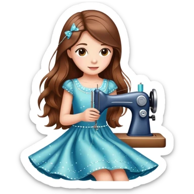 Girl with long brown hair sewing a cute dress with sparkles around her elegant  sticker