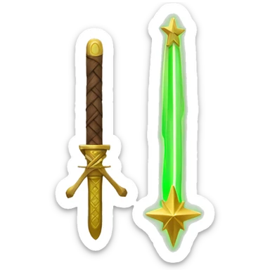 A mix Wood and Golden neon green star by side a Sword sticker