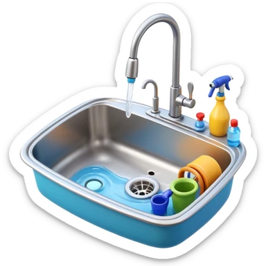 3D Pixar-style kitchen sink with a faucet and water running, some plumbing tools nearby, bright clean look, realistic but colorful, isolated on white

 sticker