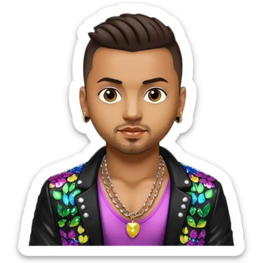 Sean Paul with dark brown hair, black sequin jacket, shirtless with necklace sticker