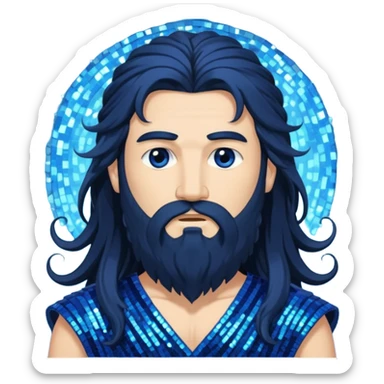 Boreas, God of North Wind from Gods and Goddesses with long black shaggy hair and beard, deep blue sequin outfit sticker