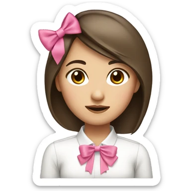 Asian girl medium length brown hair in business with a pink bow sticker