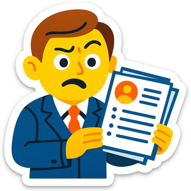 A vibrant toon style illustration of a recruiter holding a resume with a clearly puzzled or confused expression, featuring a raised eyebrow, furrowed brow, and mouth slightly open. No background. sticker