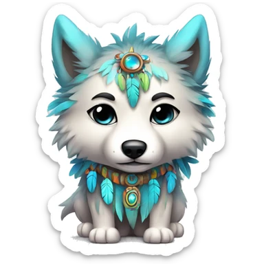 Fluffy Shy Colorful Chibi Spiritual Shamanic Wolf With Shiny Tribal Markings wearing feathers Full Body sticker