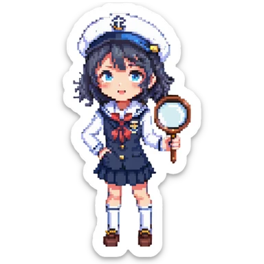 Japanese anime schoolgirl detective holding a magnifying glass, wearing a classic sailor uniform, expressive and cute, pixel art style sticker